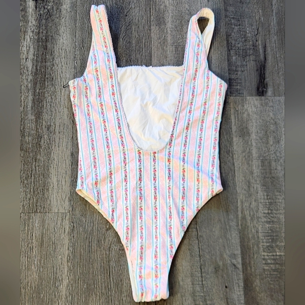 Frankie's Bikinis White One-Piece with Pink and Light Blue Floral Stripes - Picture 10 of 12